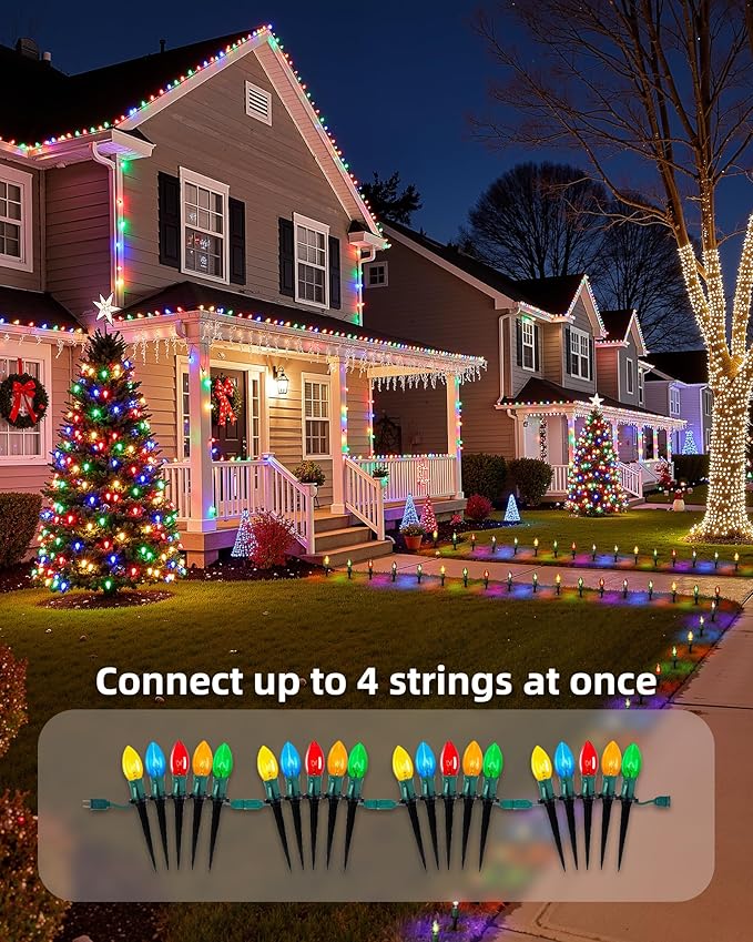 Brightown Christmas Pathway Lights Outdoor,Driveway Lights with 40 Multicolor Bulbs and Stakes, Connectable Outdoor Christmas Decorations Yard Walkway Sidewalk,Multicolor,25.7 FT x 2 Packs