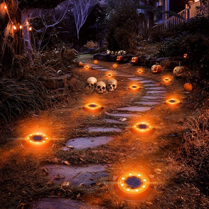 Flacchi Solar Lights Outdoor Waterproof，Orange 12 Pack 2-in-1 Ground Lights | Halloween Lights Outdoor Solar Disk Light Landscape Light for Deck Step Patio Yard Pathway Walkway Driveway Garden