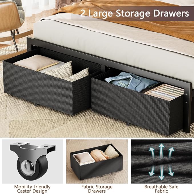Queen Bed Frame with 2 Storage Drawers & Upholstered Headboard | Metal Platform Bed with Storage Shelf, Charging Station, LED Lights and Heavy-Duty slats, No Spring Box Needed, Noise-Free