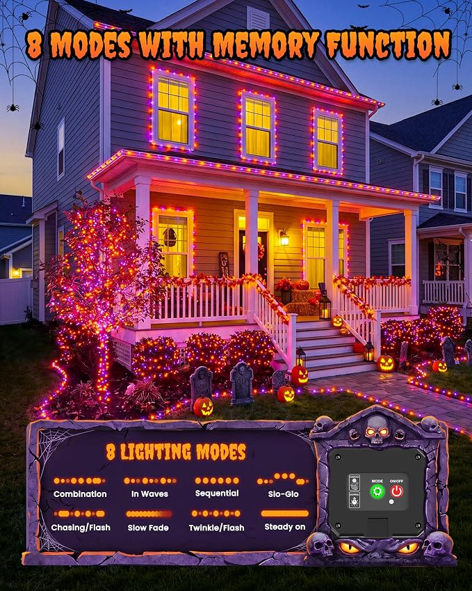 Minetom Solar Halloween Lights, 4 Pack Total 132Ft 400 LED String Lights | Solar Fairy Lights Outdoor Waterproof with 8 Modes, Twinkle Lights for Patio Yard Garden Tree Patry DIY Decor (Orange&Purple)