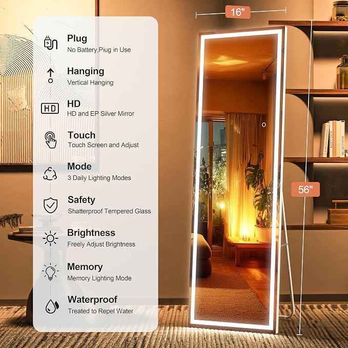 Full Length Mirror with Lights, 56" x 16" LED Lighted Floor Standing Body Mirror, Dimmable & 3 Color Lighting for Bedroom, Cloakroom, Dressing Room, Tempered Glass, Square White
