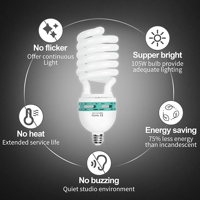 EMART Full Spectrum Light Bulb, 105W CFL Light Bulbs for Photography 1Pack | 5500K E26/E27 Spiral Light Bulbs for Softbox Lighting Kit, Replacement Lamp for Video Studio, Household Use, Portrait Photo