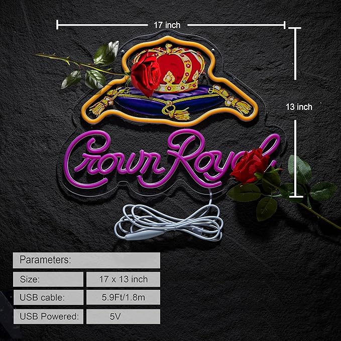 Neon Sign for Wall Décor Crown Art Neon Light Whiskey LED Signs with Dimmer for Man Cave Beer Bar Decor(17x13inch)