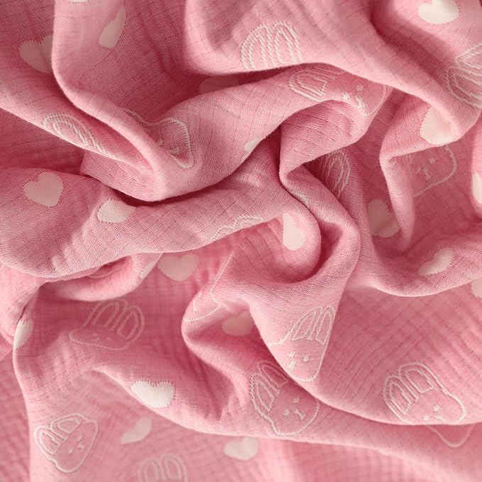 NTBAY 3 Layer Muslin Toddler Blanket, 30 x 40, Pink Rabbit | Breathable Muslin Cotton Outer Layers with Light Thermal Fill, Reversible for Stroller, Daycare, Travel, and Supervised Use