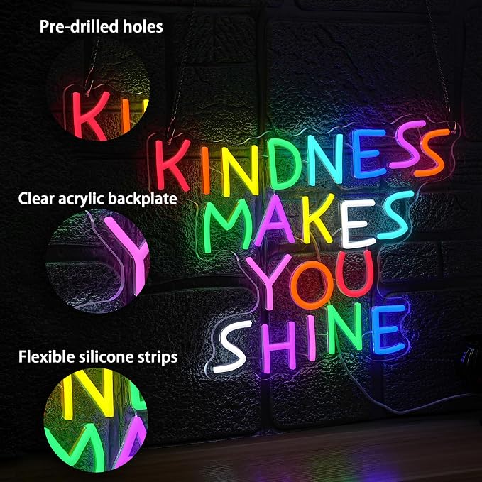 Kindness Makes You Shine Neon Sign Kindness Classroom Neon Light Be Kind LED Light Up Sign for Wall Decor Bedroom Coffee Office Party Home(12.6 * 16.54In)
