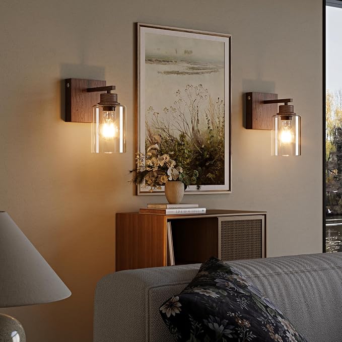 Rayogale Walnut Battery Operated Wall Sconce Set of Two with Remote Control | Dimmable Rechargeable Wall Lights with Timer, Easy Install Glass Lamp for Living Room Bedroom, Emergency 3000K
