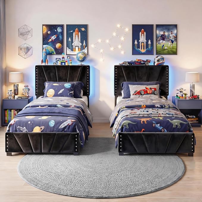 EnHomee Twin Bed Frame with LED Lights & USB, Noise-Free, Black | Adjustable Velvet Headboard，Under-Bed Storage，Heavy Duty Support with 12 Slats，No Box Spring Needed，Easy Assembly for Bedroom