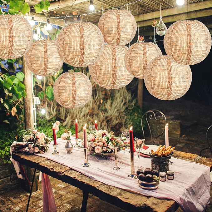 Hortsun 12 Pcs Print Burlap Paper Lanterns Round Chinese Paper Lanterns Farmhouse Boho Classroom Decor Home Sweet Classroom Birthday Party Ceremonial Event (8/10 Inch)