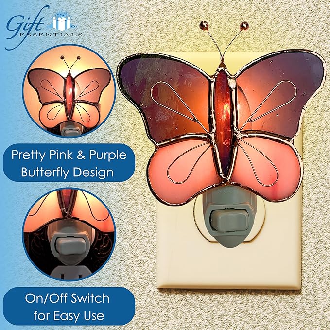 Gift Essentials Pink and Purple Butterfly Plug in Night Light - Stained Glass Nightlight with On/Off Rocker Switch - Includes One 4 Watt Replaceable Incandescent Warm Glow Bulb