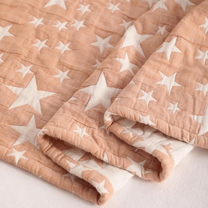 NTBAY 3 Layer Muslin Toddler Blanket, 30 x 40, Pale Orange Star | Breathable Muslin Cotton Outer Layers with Light Thermal Fill, Reversible for Stroller, Daycare, Travel, and Supervised Use