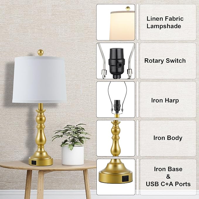 Farmhouse Side Table Lamps for Living Room Set of 2 with USB C+A Ports, Bedside Lamp for Bedroom, Dining Room Decor, Office, End Table, Knob Switch, 3 Color Temperatures, Bulb Included, Gold