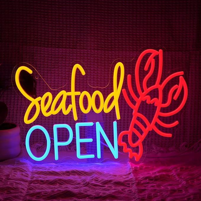 Seafood Open Neon Sign for Business Decor Delicious Lobster Led Neon Light Dimmable Fish Food Light Up Sign for Seafood Restaurant Shop Night Market Fish Market Oyster Bars