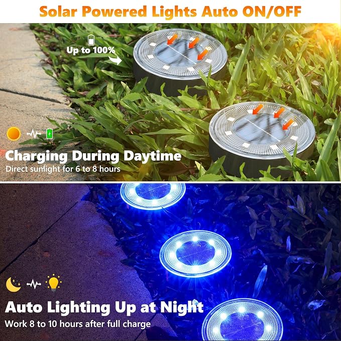 Joomer Solar Ground Lights Outdoor Waterproof, 16 Pack 8 LED, Blue | Solar Powered Garden Lights Disc Landscape Lighting Outdoor for Patio Pathway Lawn Yard Driveway Walkway outside