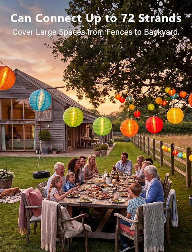 25FT Colorful Lantern String Lights Outdoor Waterproof, 10 Nylon 8-Inch Hanging Lanterns with 11 G40 LED Bulbs, End-to-End Connectable Decorative Patio Lights for Party, Garden, Backyard