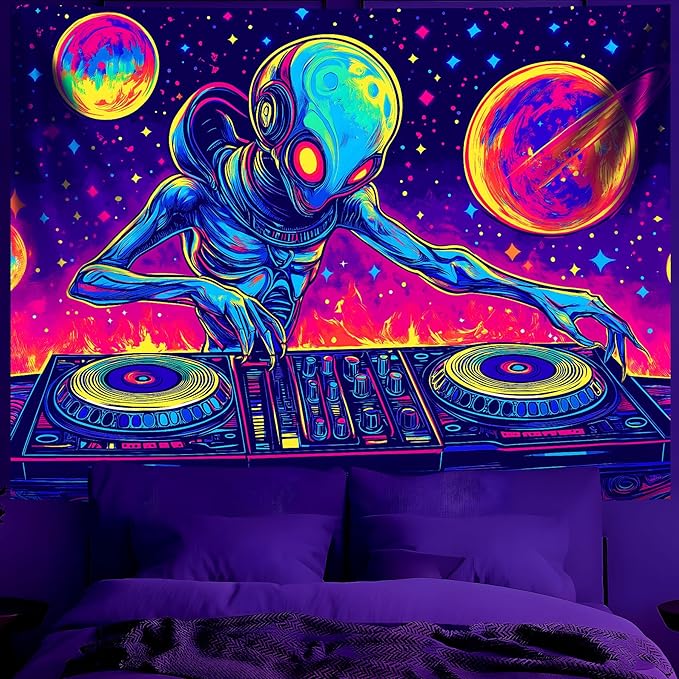 BVBOX Blacklight Space Astronaut Tapestry UV Reactive Galaxy Planet Glow in Dark Tapestries Black Light Poster Neon Wall Hanging Art for bedroom Living Room (Alien1-3M)