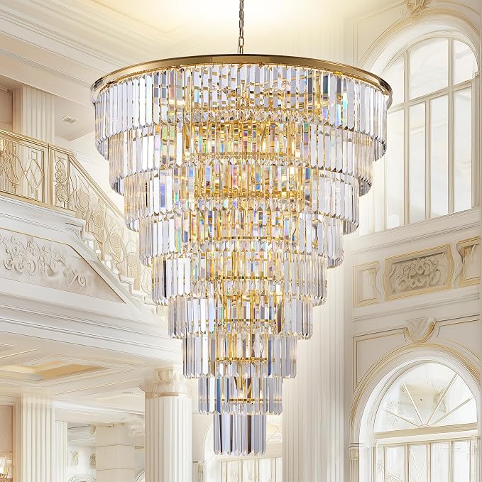 48-Inch Gold Tiered Crystal Tube Chandelier - 45-Light E12 Pendant with 580 Crystal Rods, Mirror-Polished Metal Frame, Adjustable 79" Chain, Gold