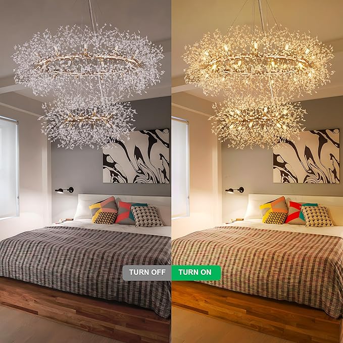 Wellmet Gold Crystal Chandelier 43.3 Inch 2 Tier Modern Firework Chandelier,Mid Century Round Ceiling Lighting for High Ceiling Light for Bedroom Dining Room,Kitchen,Living Room,Entryway,Hallway