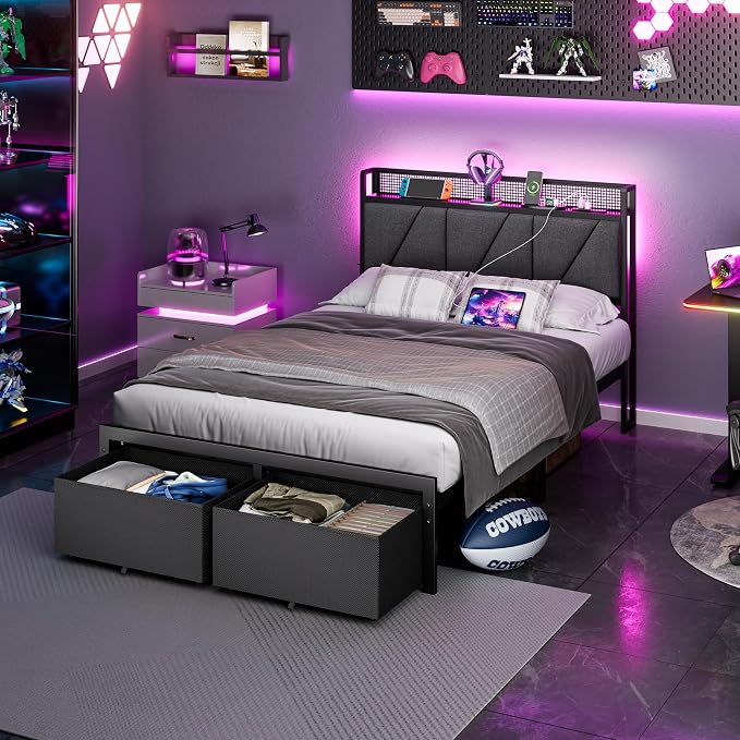 Full Size Bed Frame with 2 Storage Drawers & Upholstered Headboard | Metal Platform Bed with Storage Shelf, Charging Station, LED Lights and Heavy-Duty slats, No Spring Box Needed, Noise-Free