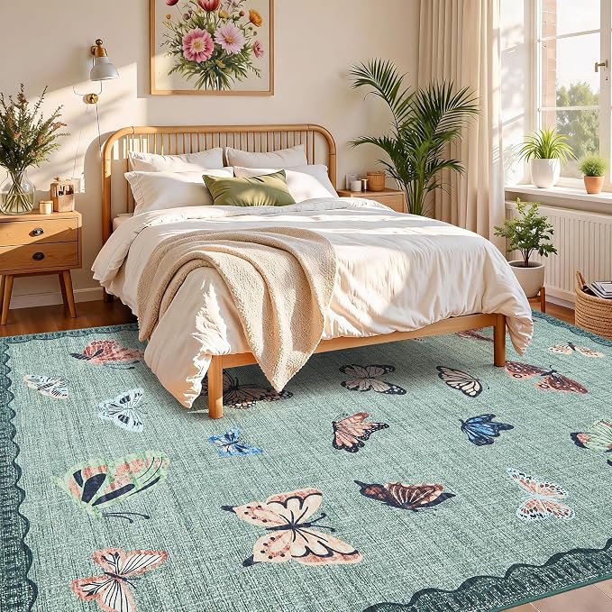 GarveeHome Butterfly Area Rug 9x12, No Slip Washable Rug, Modern Bedroom Rug Under Bed Ultra Carpet, Low-Profile Rugs for Living Room Bedroom Dining Room, Light Green