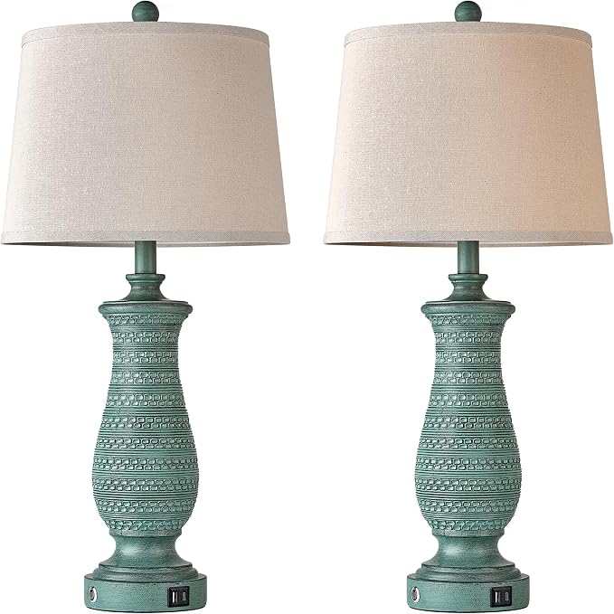 Living Room Lamps Set of 2, Table Lamps for Bedroom, Farmhouse Lamps for Nightstand with Oatmeal Linen Lampshade (Peacock Blue)