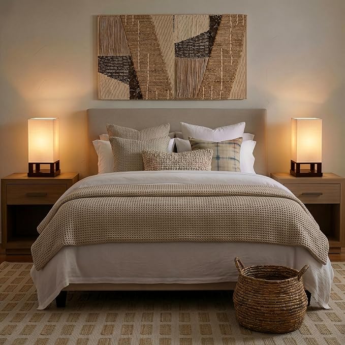 Brightech Maxwell Bedside Lamp with USB Port – Compact Table Lamp for Bedroom, Living Room - Modern Asian Nightstand Lamp with Wood Frame - LED Bulb, Soft Light - Havana Brown