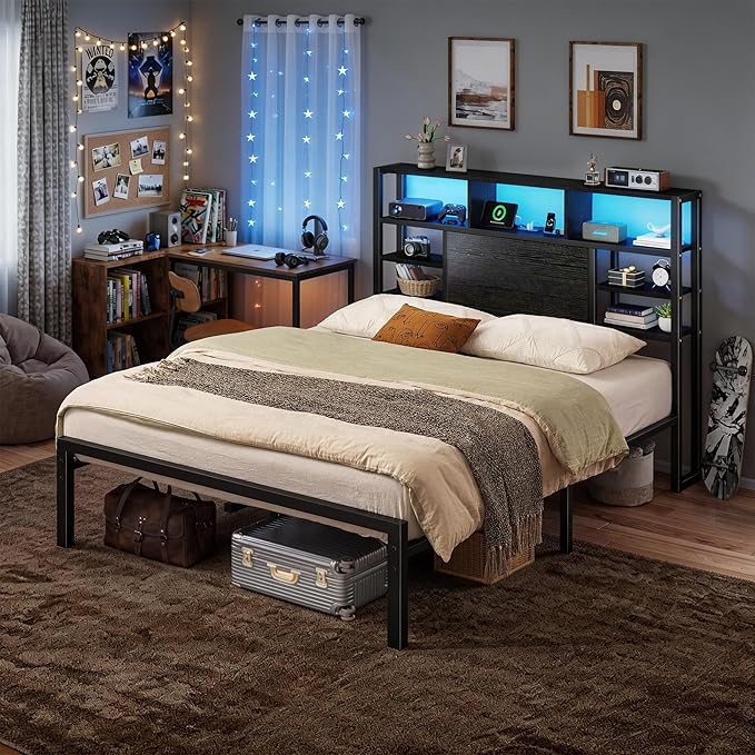 Homkdom Full Bed Frame with Storage Headboard and Charging Station，Black | LED Lights，12.2" Under-Bed Storage，Supports up to 1100 LBS，No Box Spring Needed，Noise-Free,Easy Assembly