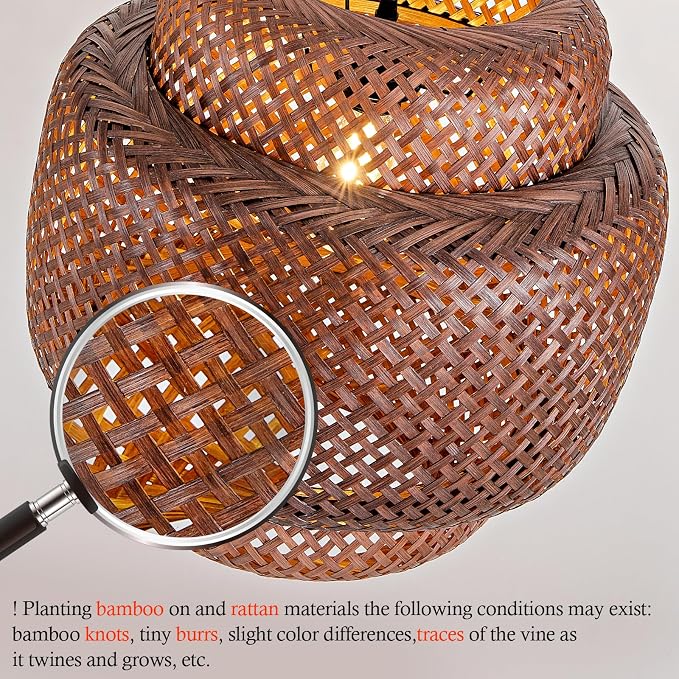 TeruTeru Ji Kaikang Bamboo Pendant Light,15.75" Curry Rattan Hanging Light | 1-Pack Brown Wicker Pendant Light,Hand Woven Chandelier for Kitchen Island Dining Bedroom Living Room Restaurants