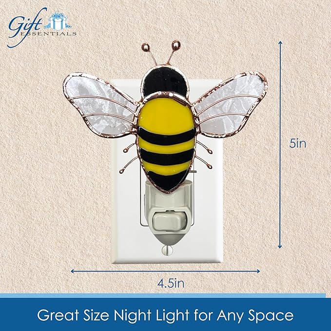 Gift Essentials Honey Bee Plug in Night Light - Stained Glass Nightlight with On/Off Rocker Switch - Includes One 4 Watt Replaceable Incandescent Warm Glow Bulb