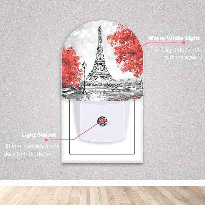 Eiffel Tower Paris Red Flower Night Lights Plug into Wall for Girls Boys Room,Night Light LED Lamp Dusk to Dawn Sensor Round Lamp for Bedroom Bathroom Hallway Home Wall Decor