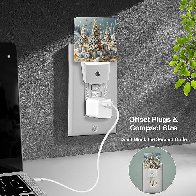 LED Night Light Lamp with Smart Sensor Dusk to Dawn Sensor,Merry Christmas Tree Happy New Year Festive Christmas Gift Box Drift Golden Confetti Night Light Daylight White,0.5W Plug-into Wall