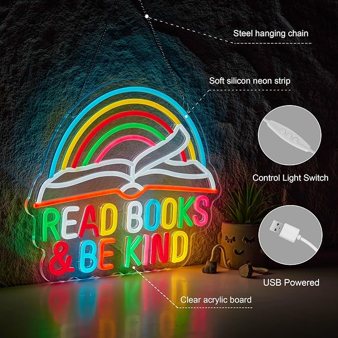 Read Books Neon Sign Read Books and Be Kind Neon Signs for Wall Décor Dimmable Colorful Rainbow Light Classroom Reading Room Bookstore Bookish Decor Compatible with Timer