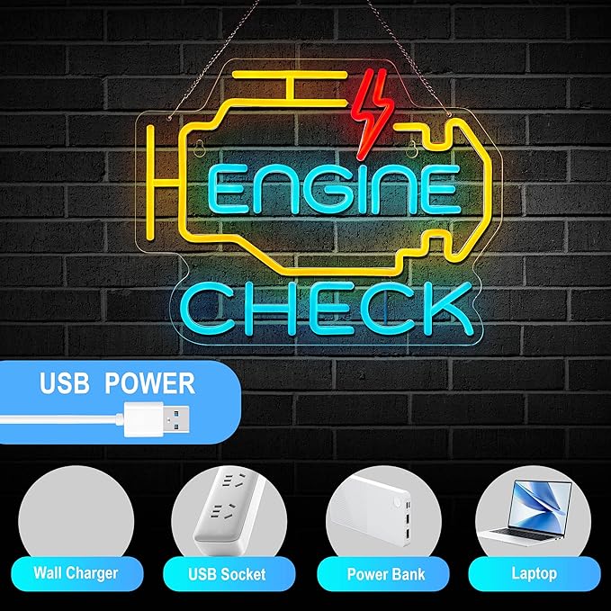 Check Engine Neon Sign for Garage Wall Decor Check Engine Neon Signs Car Auto Repair Workshop Sign with Dimmable USB Powered Signs Décor (15.5X12in)