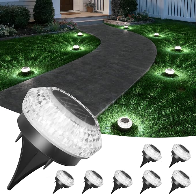 VOLISUN Solar Ground Lights Outdoor,8 Pack Flat Solar Pathway Lights | IP67 Waterproof Solar Powered Disc Lights,Landscape Lighting for Garden Yard Walkway Patio Driveway,Cool White