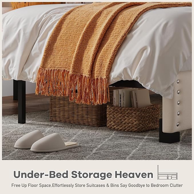 EnHomee Full Size Bed Frame with LED Lights & USB, Noise-Free, Beige | Adjustable Velvet Headboard，Under-Bed Storage，Heavy Duty Support with 12 Slats，No Box Spring Needed，Easy Assembly for Bedroom