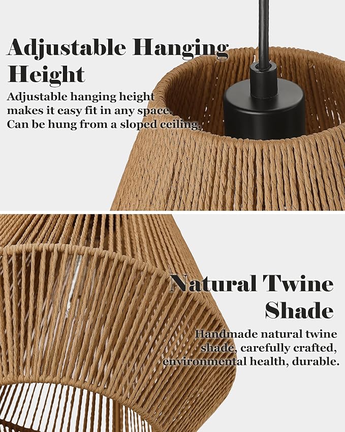 ELYONA 3 Pack Japandi Woven Pendant Lights 7” Modern Boho Hanging Lamp with Handwoven Rattan Shade, Adjustable Farmhouse Coastal Pendant Light Fixtures for Kitchen Island,Dining Room,Bar, Hallway