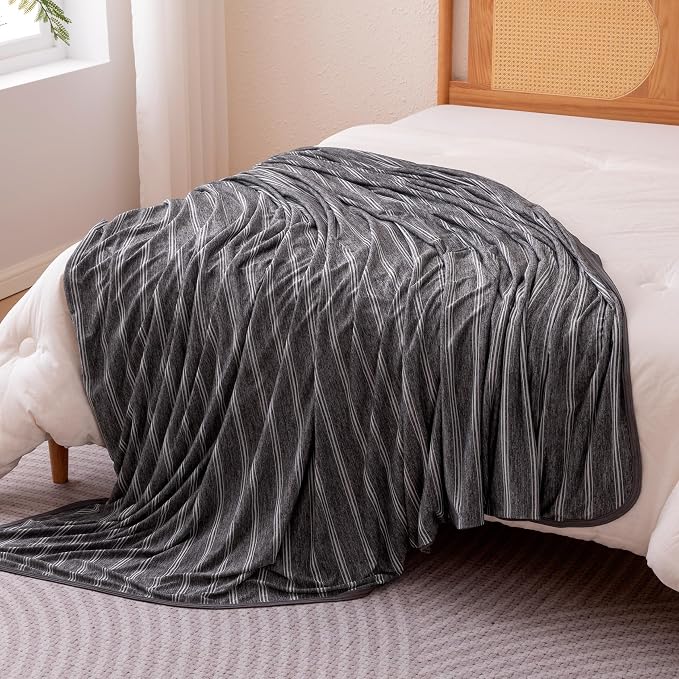 Amazon Basics Striped Cooling Blanket for Hot Sleepers, Reversible Lightweight Thin Throw Blanket for Bed, Couch and Sofa, Queen (90" x 90"), Dark Gray Striped