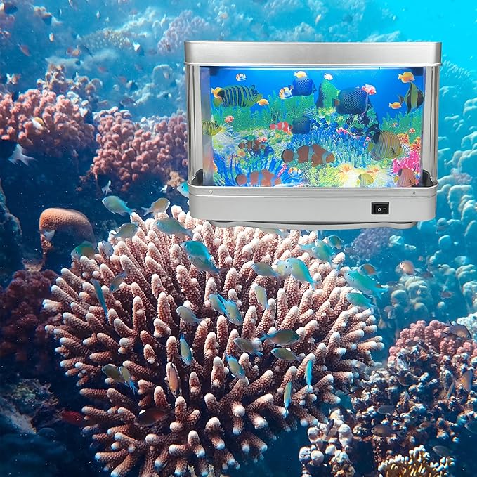 Fake Motion Fish Tank Mini Aquarium, Artificial Tropical Decorative Lamp Night Light with Moving Fish, Gift for Kids(US Plug)