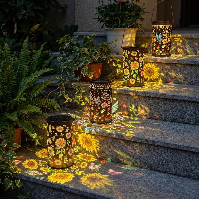 2 Pack Colorful Solar Lanterns Outdoor Waterproof, Garden Decor Gifts for Women Mom Grandma - LED Sunflower and Hummingbird Solar Powered Lights Metal Hanging Lantern for Outside Garden Patio Yard