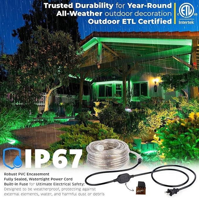 WYZworks 108LEDs, 10ft LED Outside Rope Lights, Waterproof Permanent Outdoor ETL Certified Connectable Clear Tube, Christmas Palm Tree Holiday Decorative Landscape Patio Accent Lighting - Green