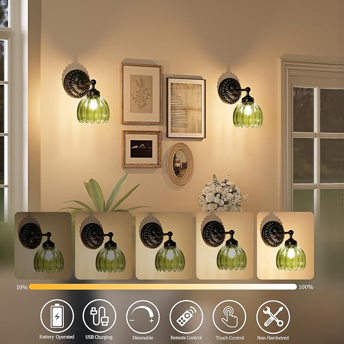 Battery Operated Wall Sconce, Vintage Wall Light, 2 Pack, Green Tulip Glass | Black Metal Base, 5200mAh Rechargeable, Dimmable LED, Remote Control, Cordless, Bedside, Bedroom, Doorway, Living Room
