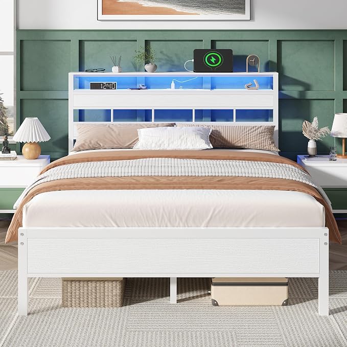 Queen Bed Frame White,Storage Headboard,Charging Station & RGB LED | 2-Tier Wood Shelves, Metal Support Slats, Noise-Free, No Box Spring. 12.6" Under-Bed Clearance. USB & Type-C, Easy Assembly.