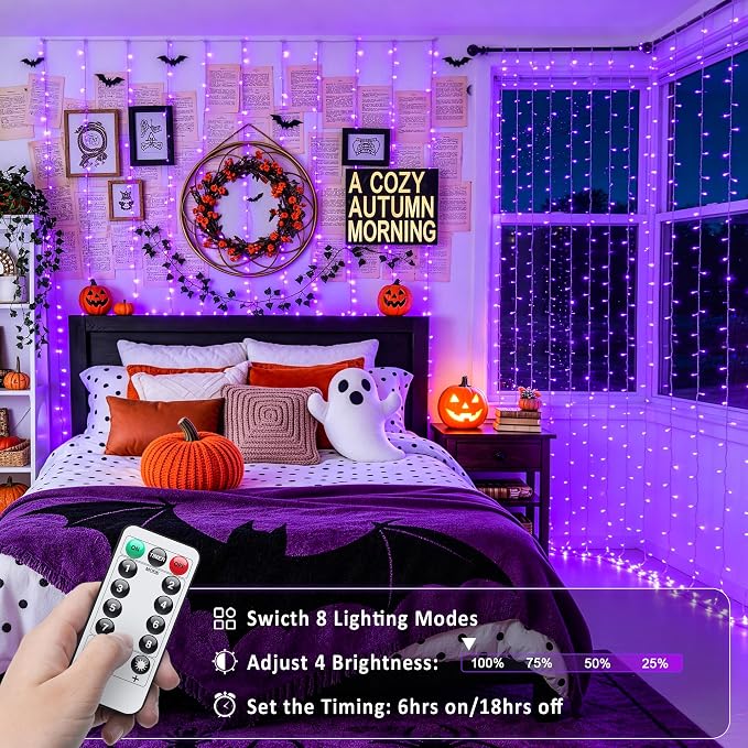 JMEXSUSS 200 LED USB Purple Halloween Lights, 6.5ft x 6.5ft | Halloween Curtain Lights with Remote, 8 Modes Purple Curtain String Lights for Bedroom Party Halloween Decorations