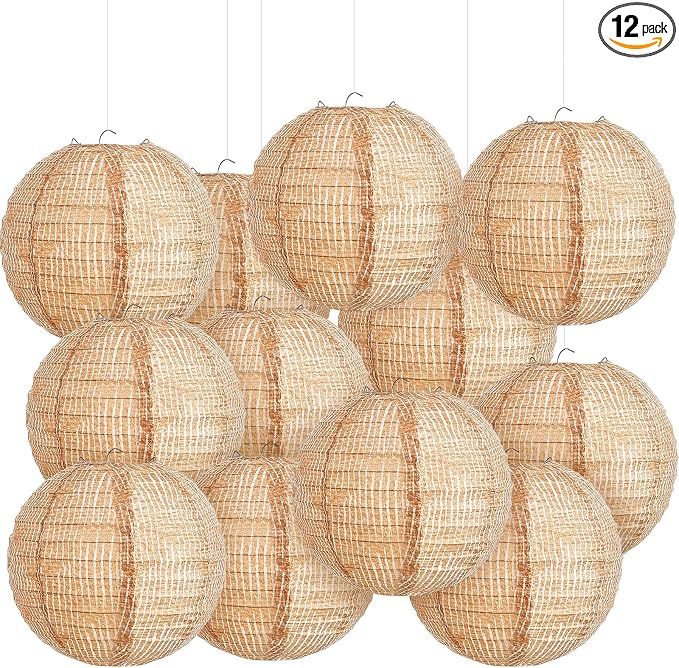 12 Pcs Print Burlap Paper Lanterns Round Chinese Paper Lanterns Farmhouse Boho Classroom Home Decor Classroom Sweet Birthday Party Ceremonial Event (10 Inch)