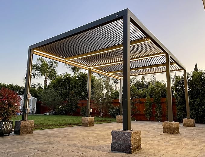 PURPLE LEAF Louvered Pergola 12' x 20' 94AS LED Strip Light 53mph Windproof | Rainproof Gutters, Two Adjustable Roofs, 53Mph Wind Resistant, Plus Hidden LED Strip Light System, Multiple Size Options