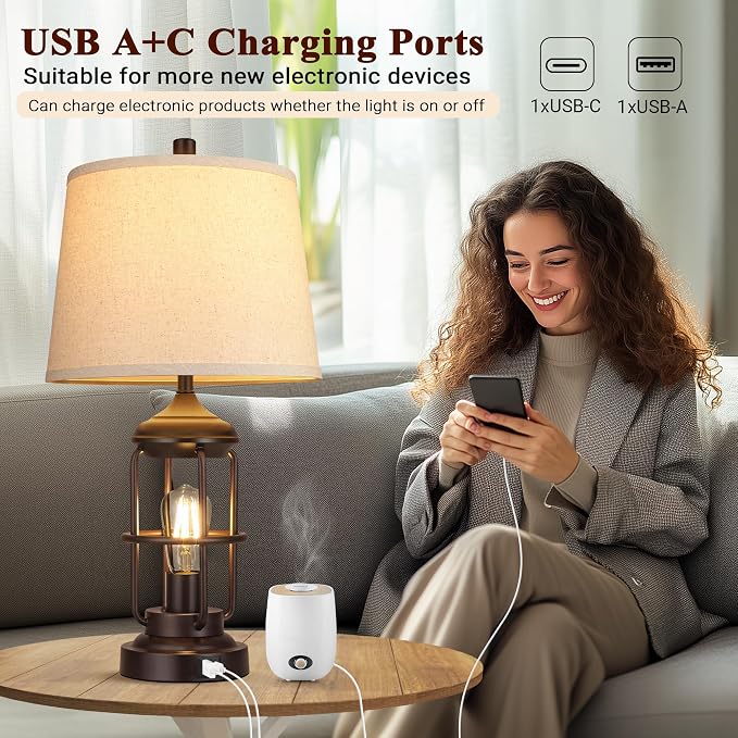 QiMH 23" Table Lamps Set of 2, Farmhouse Industrial Bedside Lamp | 3-Way Dimmable Touch Control, Rustic Nightstand Lamp for Bedroom, USB A+C Ports, Night Light, 2700K Bulb Included
