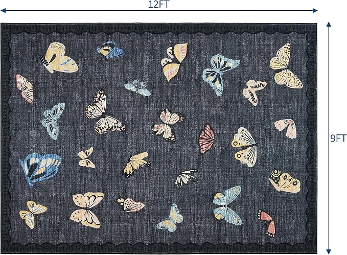 GarveeHome Butterfly Area Rug 9x12, No Slip Washable Rug, Modern Bedroom Rug Under Bed Ultra Carpet, Low-Profile Rugs for Living Room Bedroom Dining Room, Black