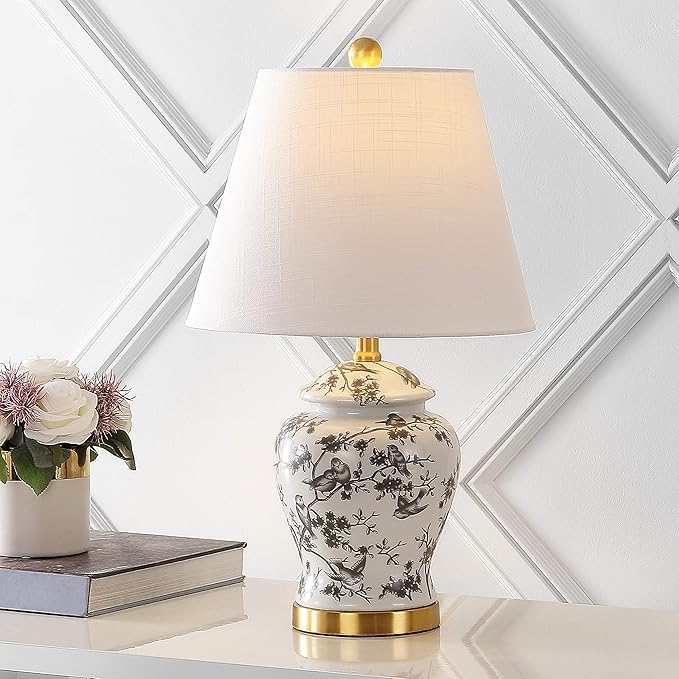 JONATHAN Y Penelope Ginger Jar 22" LED Table Lamp, Gray/White | Chinoiserie, Ceramic Metal Construction, French Country Traditional, Linen Empire Shade, Brass Gold, LED Bulb Included