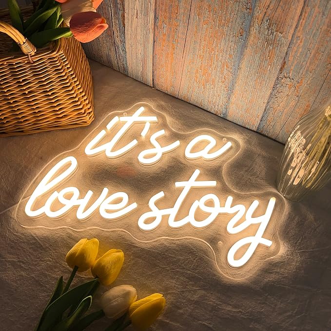 Its a Love Story Neon Sign, Warm White USB Led Light Up Signs for Bedroom Aesthetic Birthday Wedding Party Gift Boyfriend Girlfriend Lover Women Men Room Bathroom Decoration Gift, 15.7 x 11.8 Inch