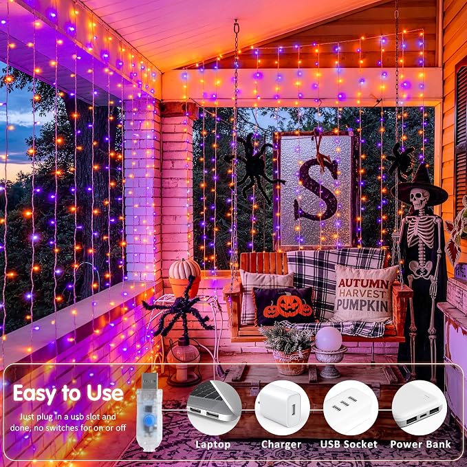 JMEXSUSS 200 LED USB Plug in Orange and Purple Halloween Lights | 6.5ft x 6.5ft, 8 Modes Curtain Halloween Lights with Remote, Curtain String Lights for Party Bedroom Window Halloween Decor