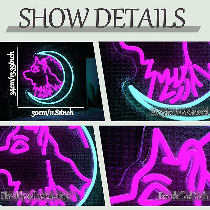 Moon Wolf Neon Sign for Wall Decor Striking Wolf Led Neon Light Eye-catching Animal Led Light Sign Blue Moon Light Up Sign for Bedroom Man Cave Zoo Bar Club Party